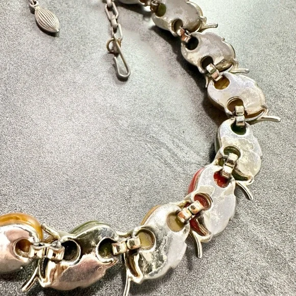 Vintage Bakelite Multi Colored Cabochon Necklace Choker Silver Tone Mod Spring - Picture 6 of 7